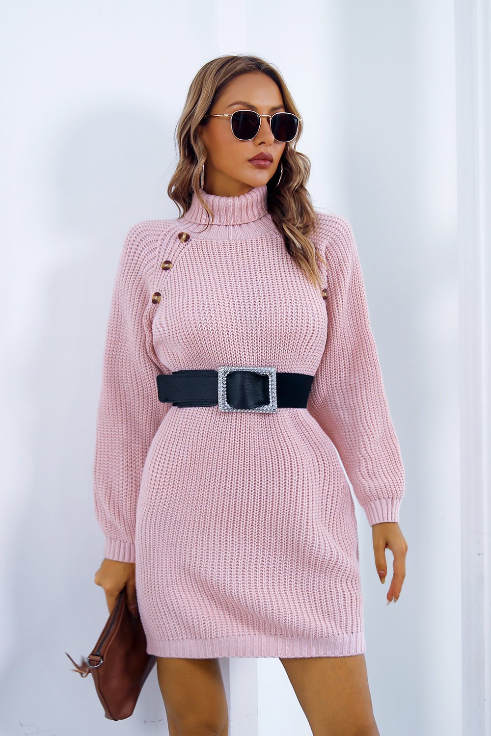 Buttoned Turtleneck Long Sleeve Sweater Dress - Admiresty