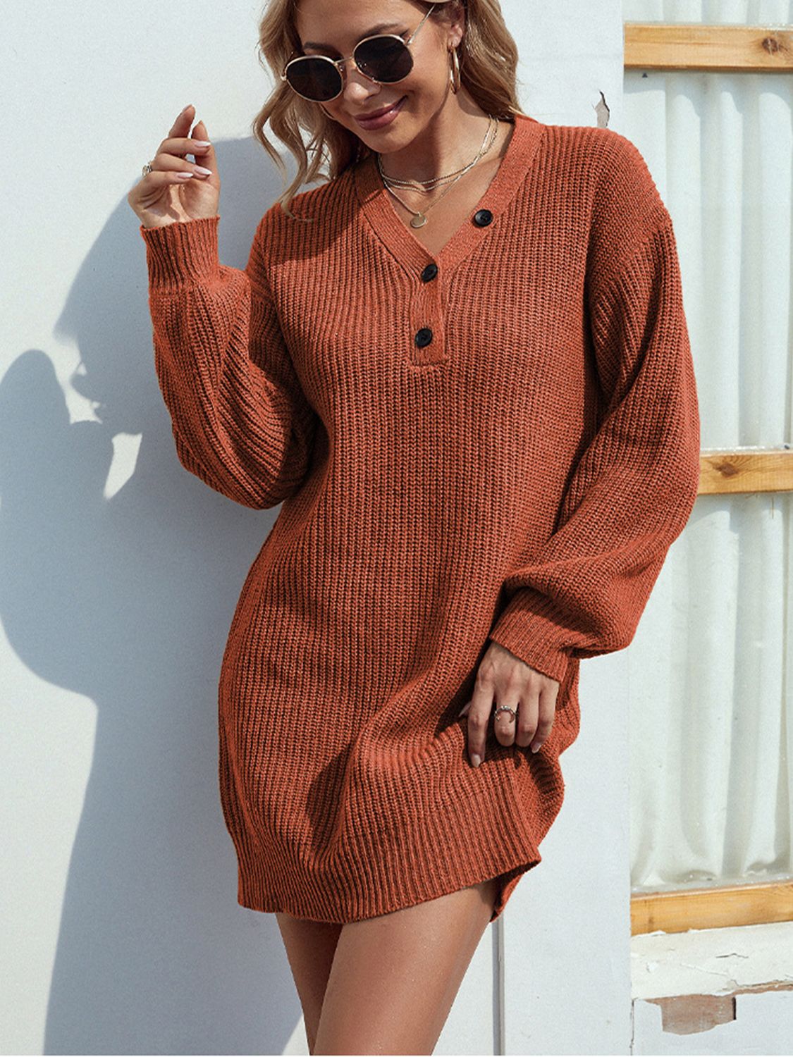 Buttoned V - Neck Sweater Dress - Admiresty