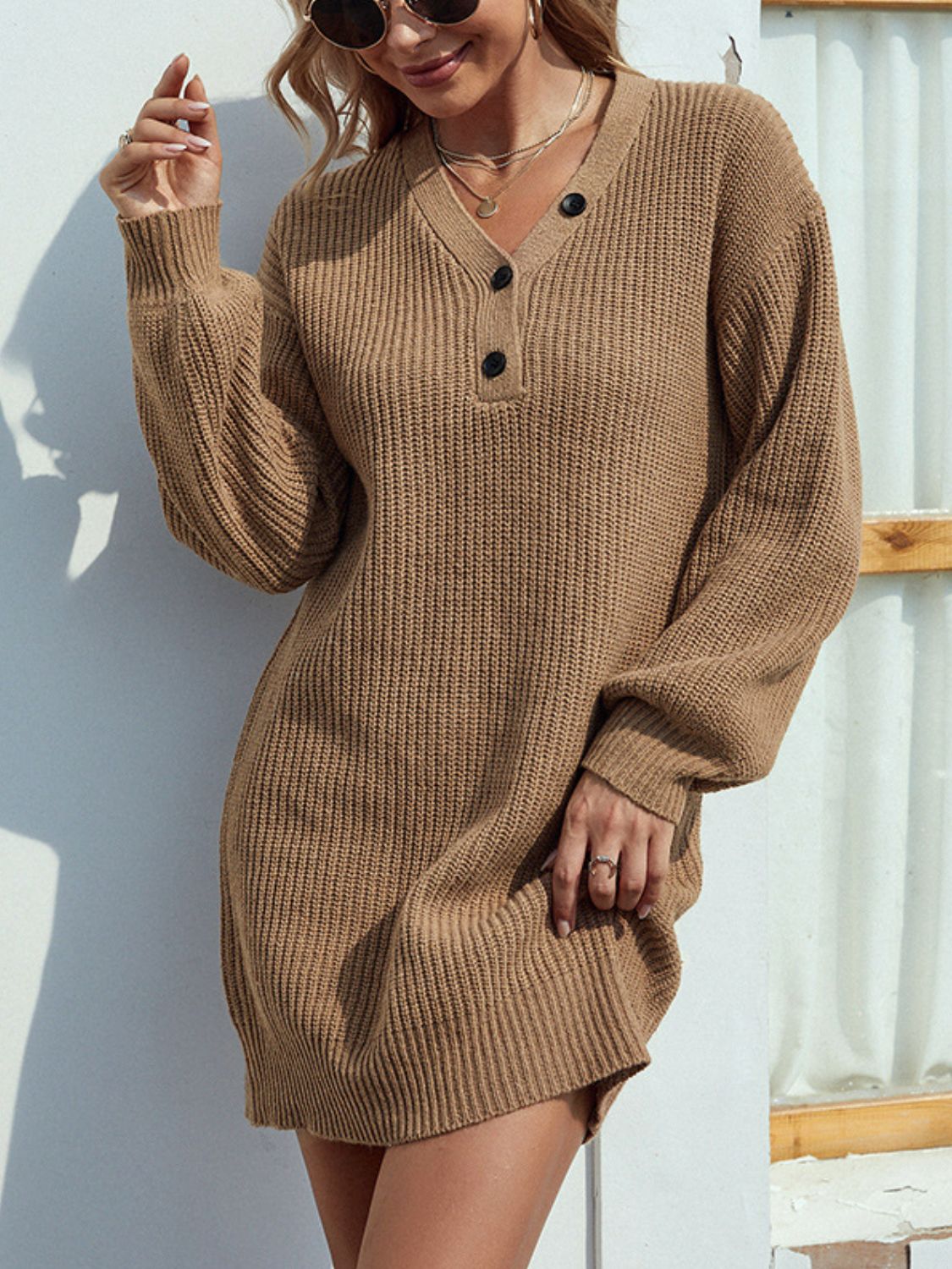 Buttoned V - Neck Sweater Dress - Admiresty