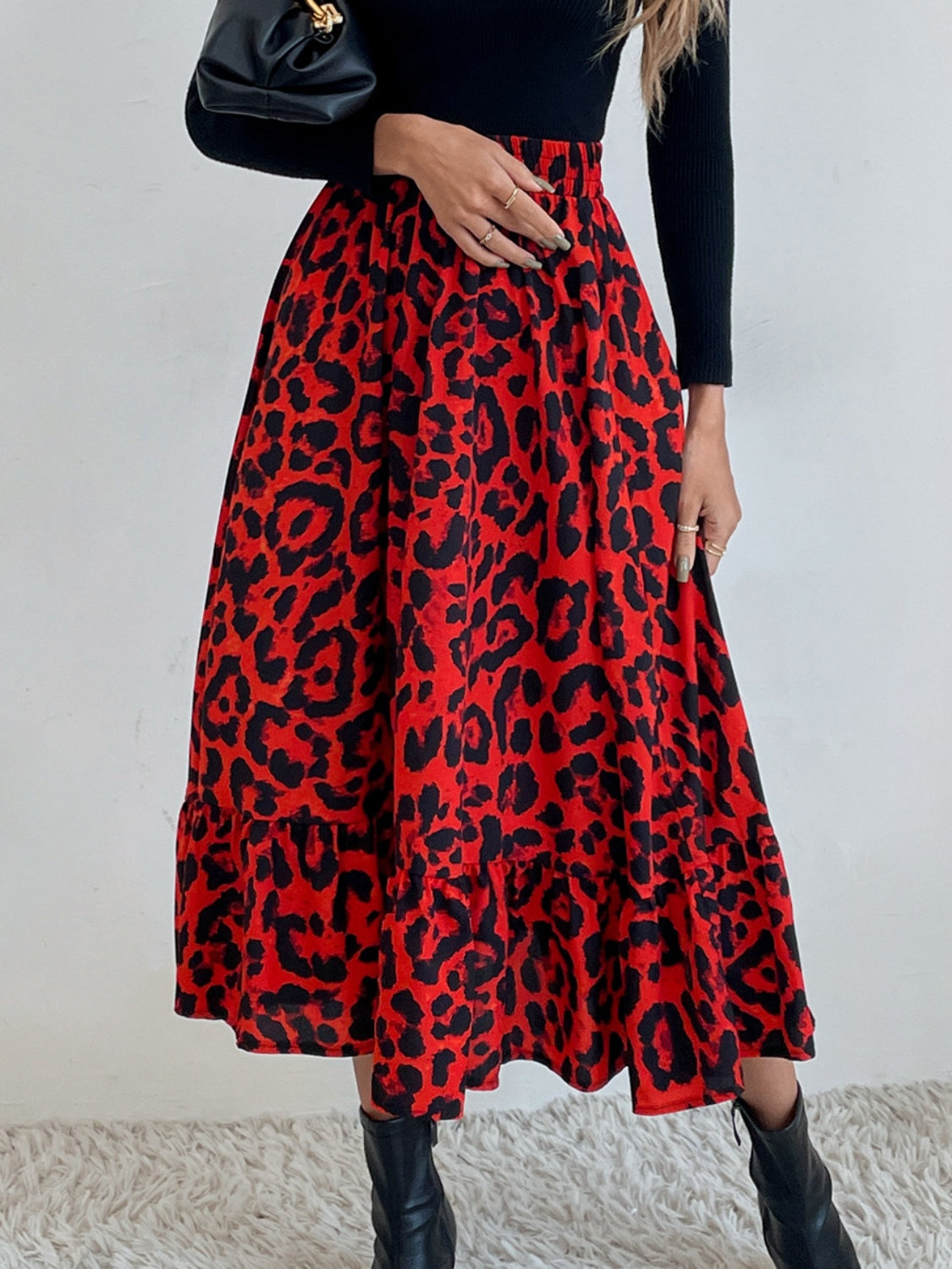 Printed Ruffle Hem Midi Skirt