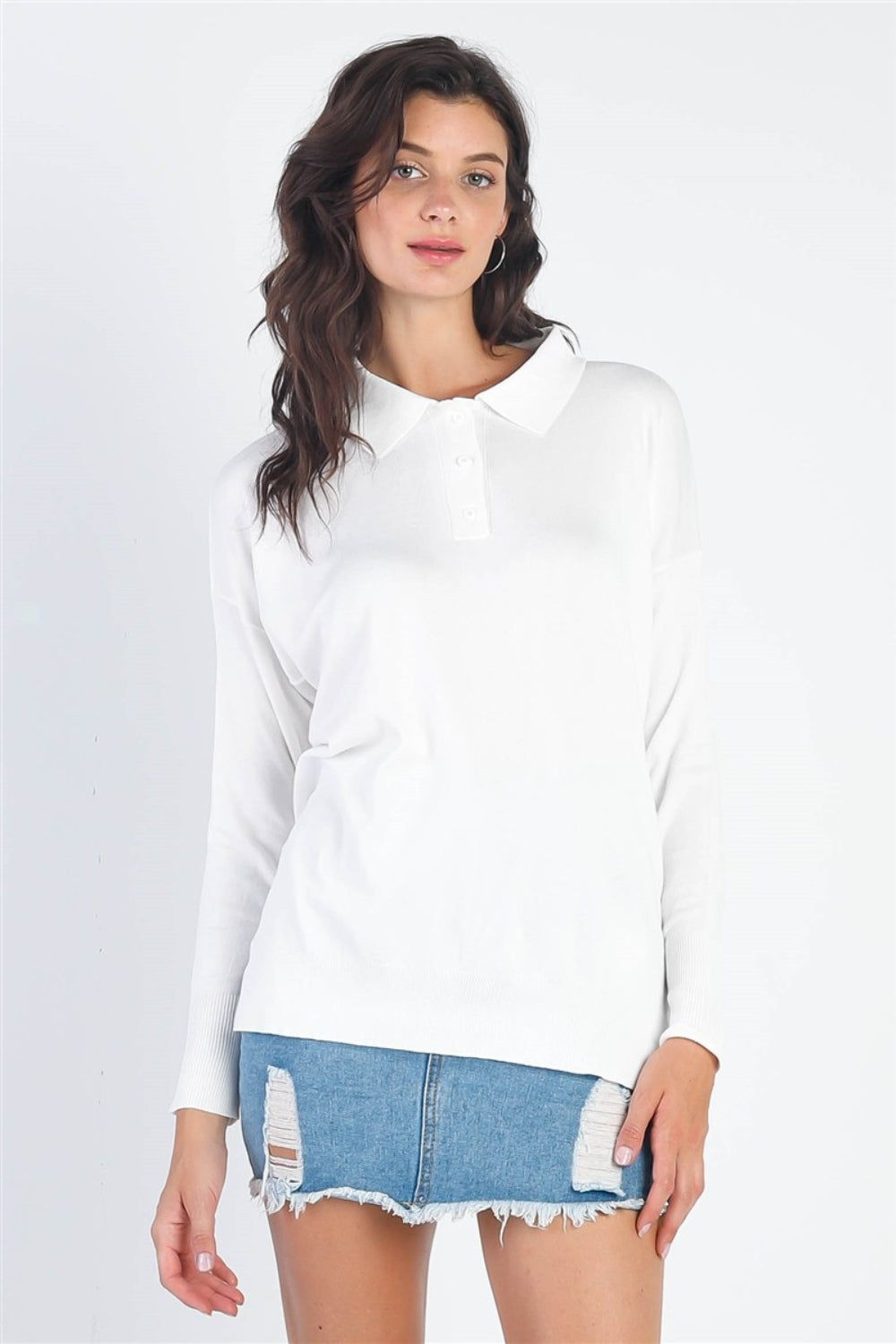 Tasha Apparel Button Up Collar Neck Long Sleeve Knit Top