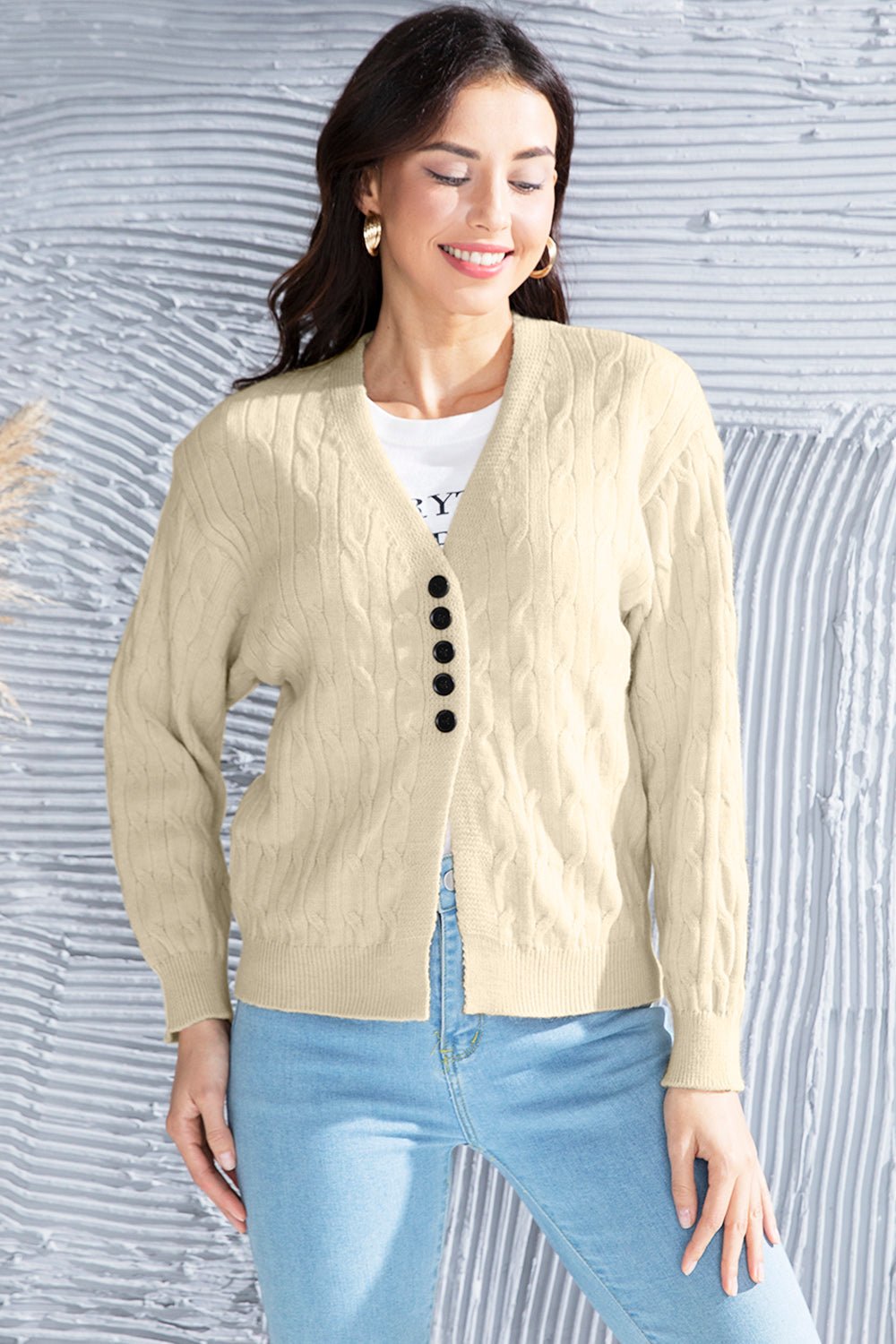 Cable - Knit Button Up Dropped Shoulder Cardigan - Admiresty