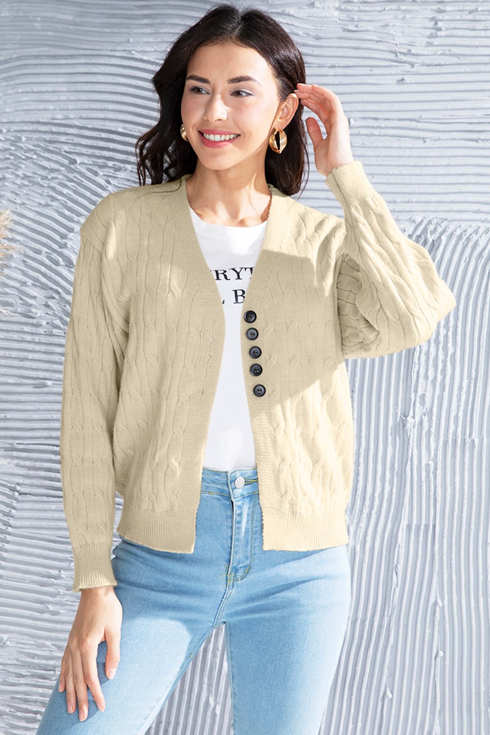 Cable - Knit Button Up Dropped Shoulder Cardigan - Admiresty