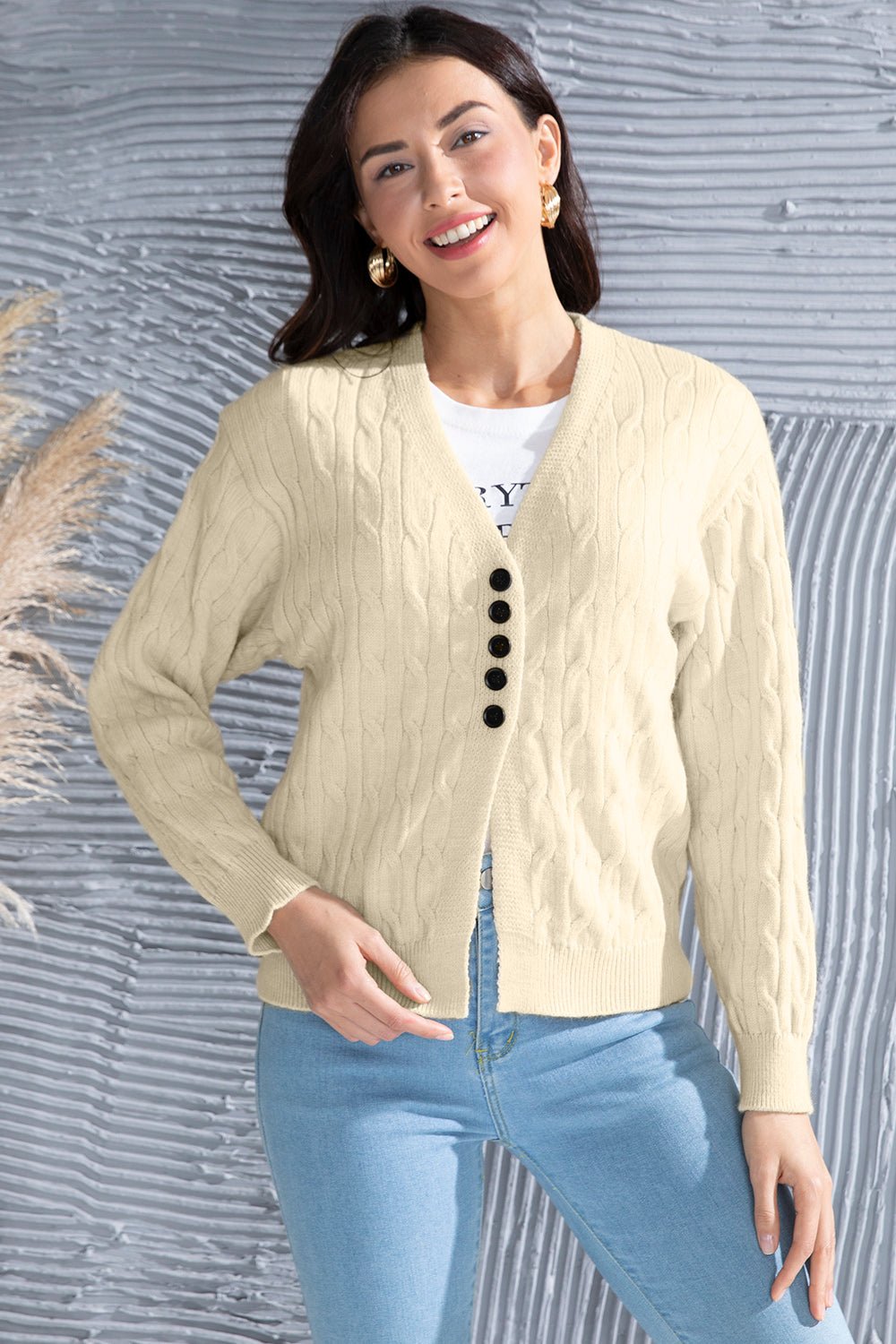 Cable - Knit Button Up Dropped Shoulder Cardigan - Admiresty