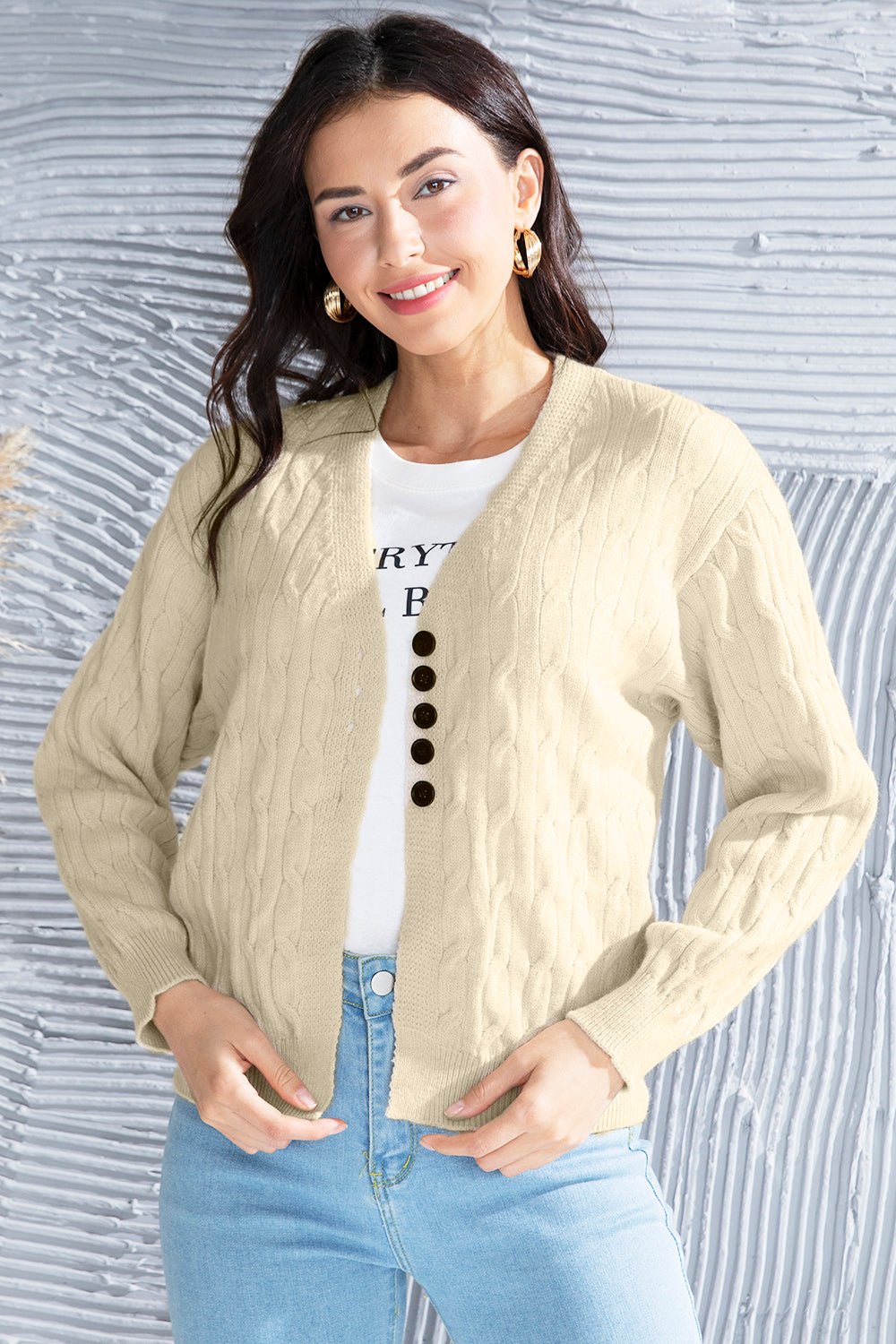 Cable - Knit Button Up Dropped Shoulder Cardigan - Admiresty