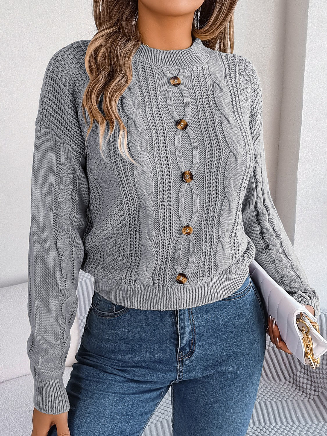 Cable - Knit Buttoned Round Neck Sweater - Admiresty