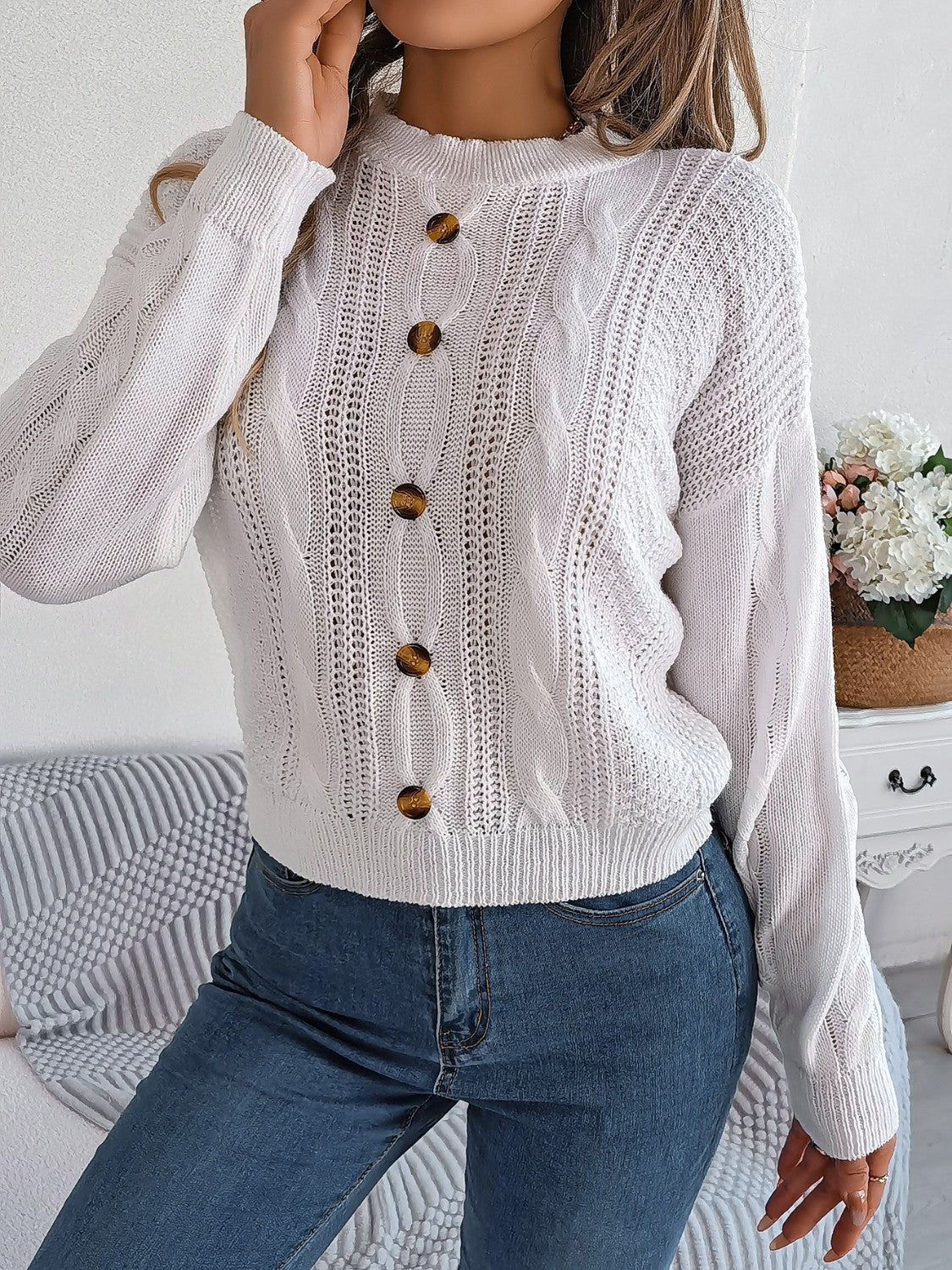 Cable - Knit Buttoned Round Neck Sweater - Admiresty