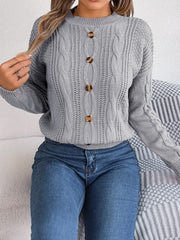 Cable - Knit Buttoned Round Neck Sweater - Admiresty