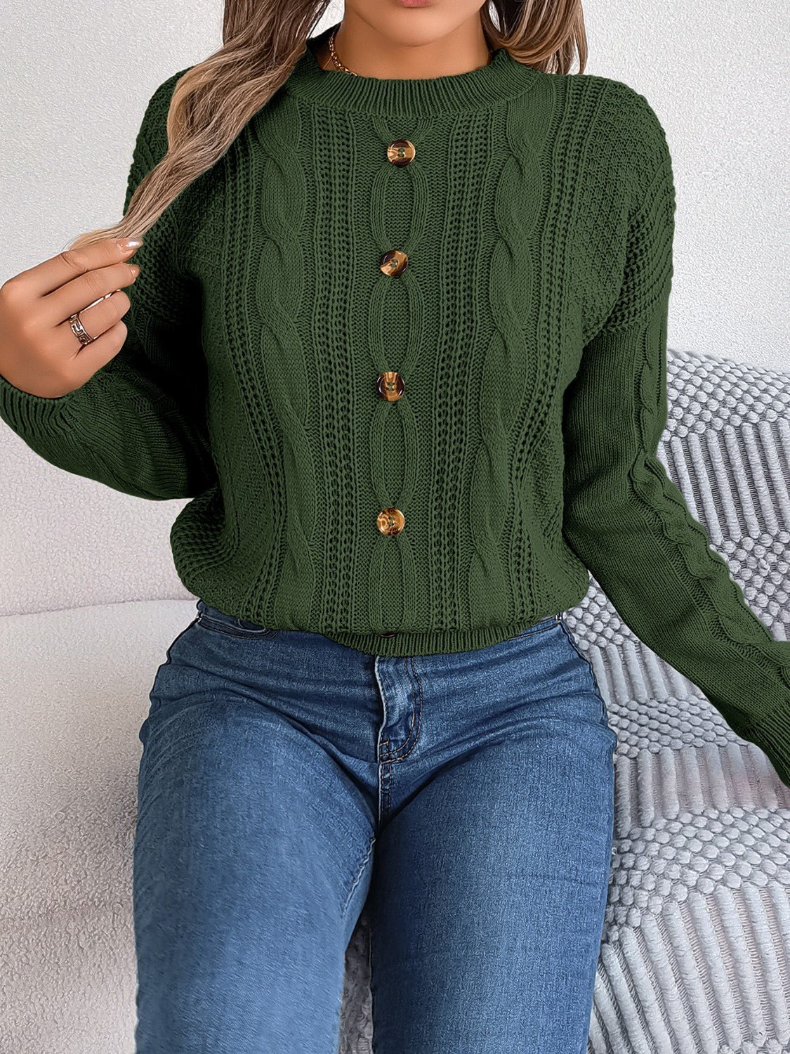 Cable - Knit Buttoned Round Neck Sweater - Admiresty