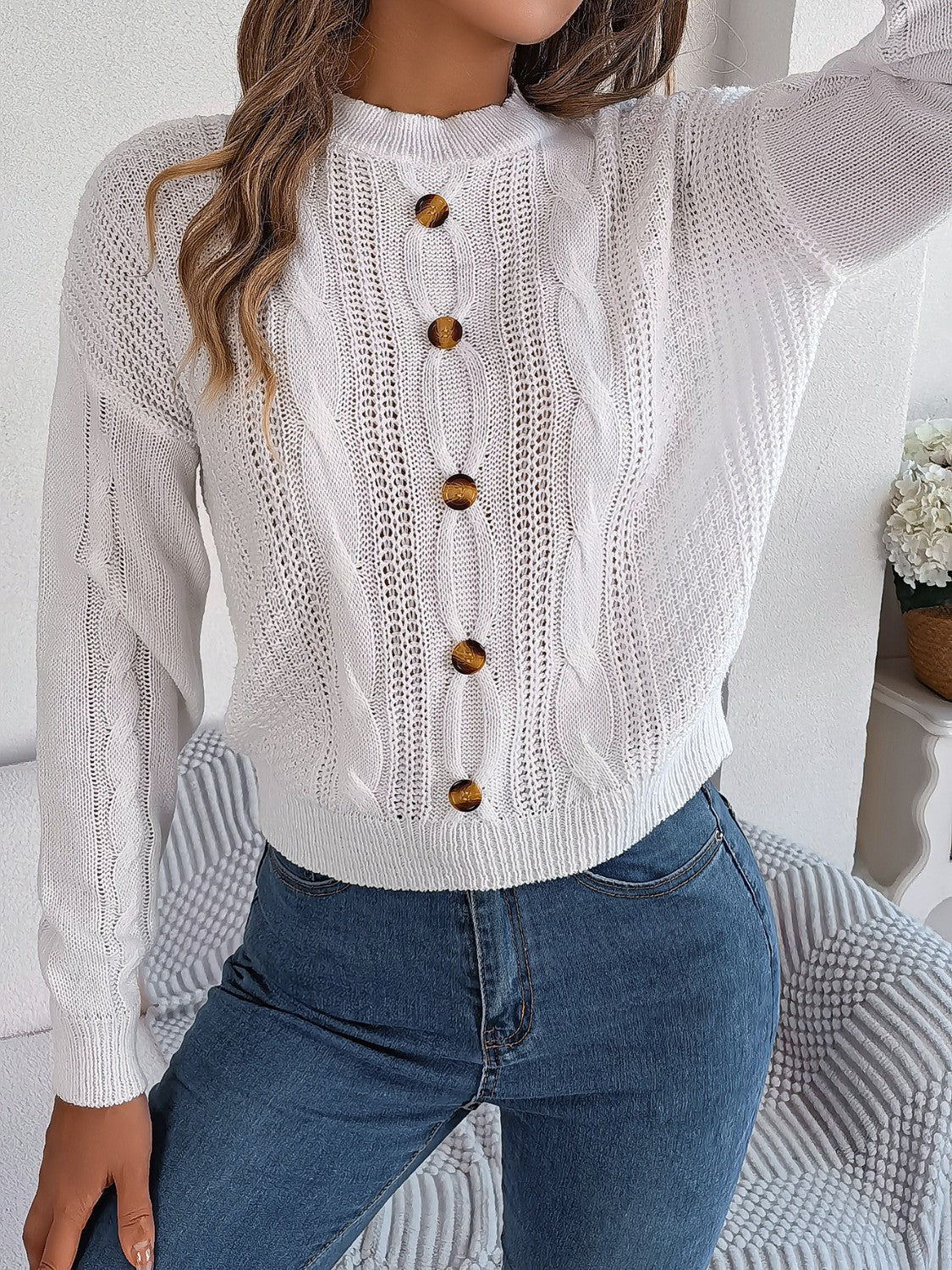 Cable - Knit Buttoned Round Neck Sweater - Admiresty