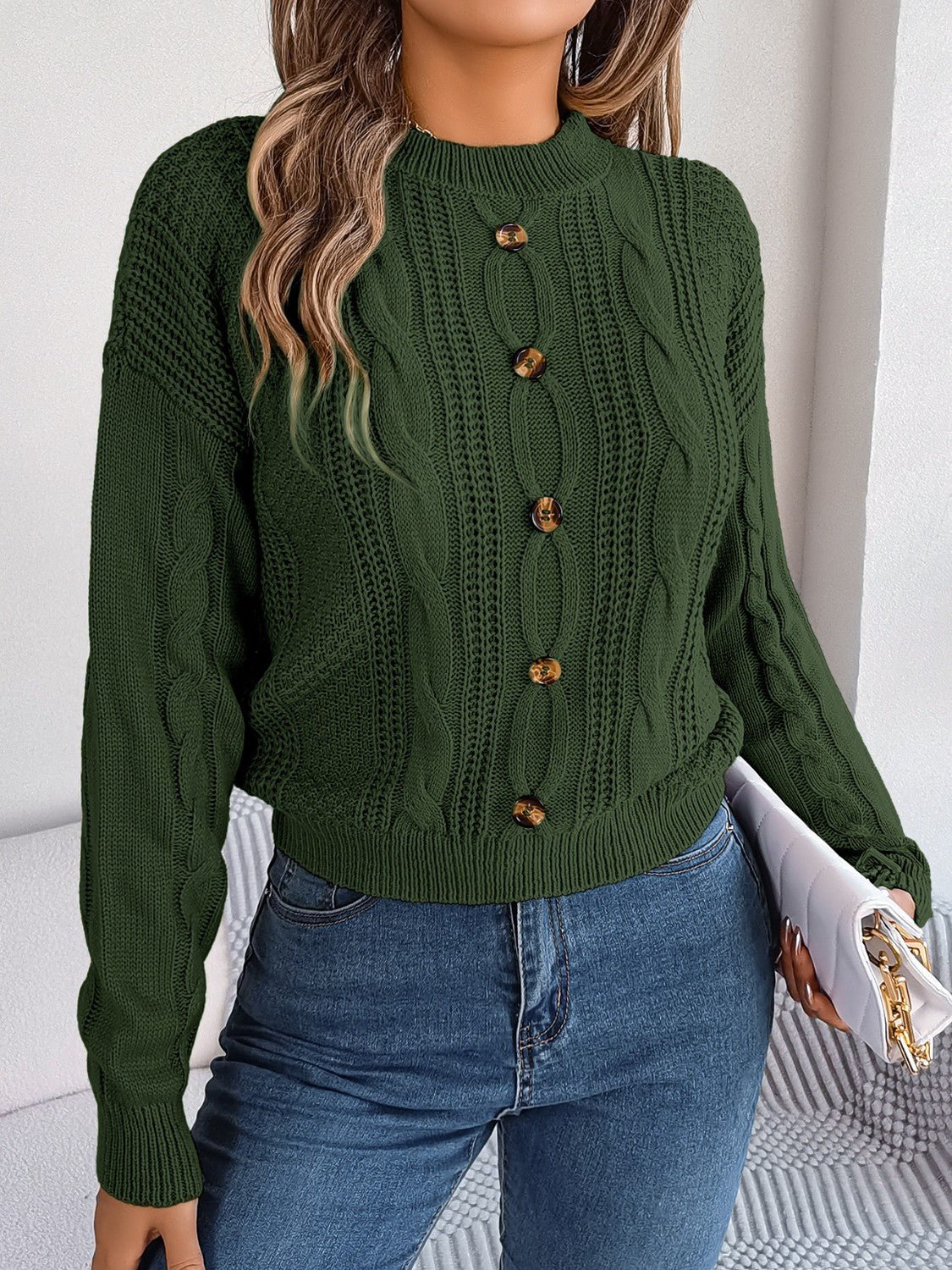 Cable - Knit Buttoned Round Neck Sweater - Admiresty