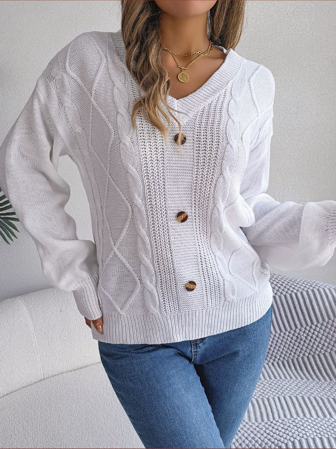 Cable - Knit Buttoned V - Neck Sweater - Admiresty