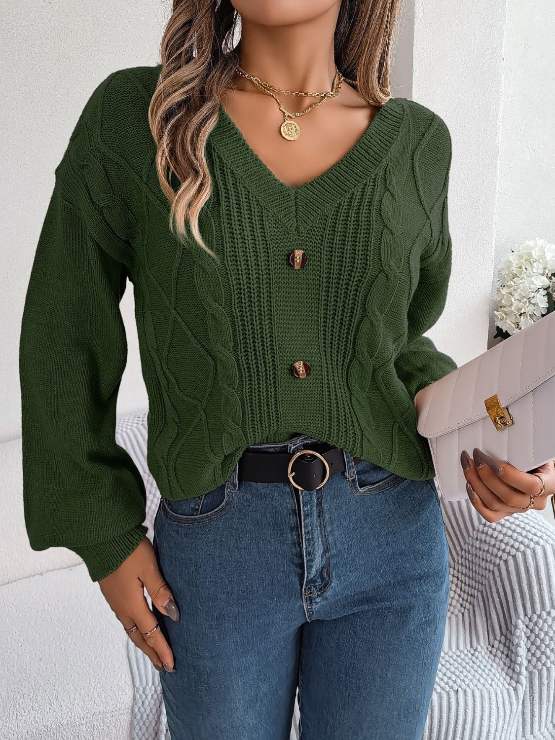 Cable - Knit Buttoned V - Neck Sweater - Admiresty