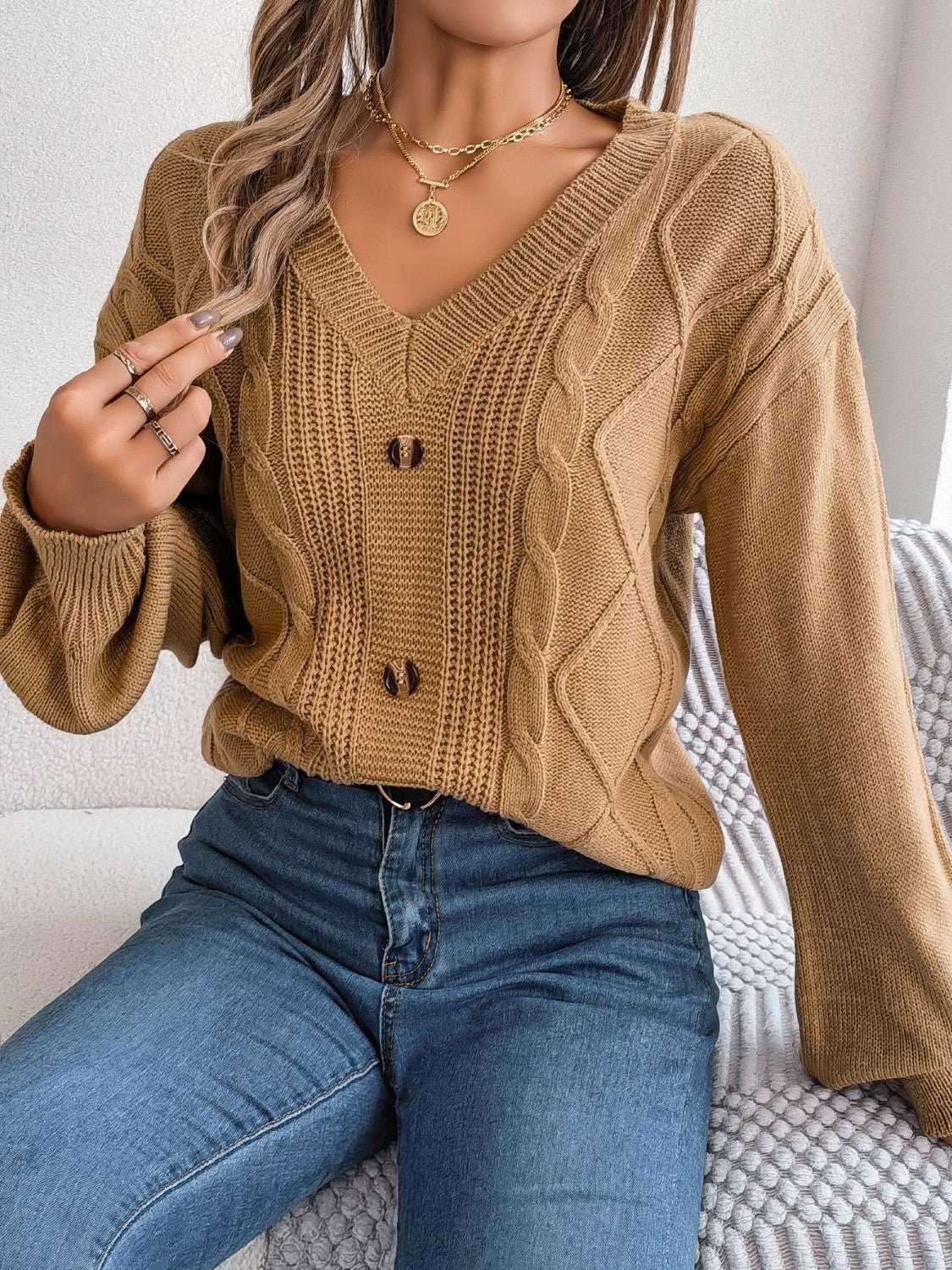 Cable - Knit Buttoned V - Neck Sweater - Admiresty