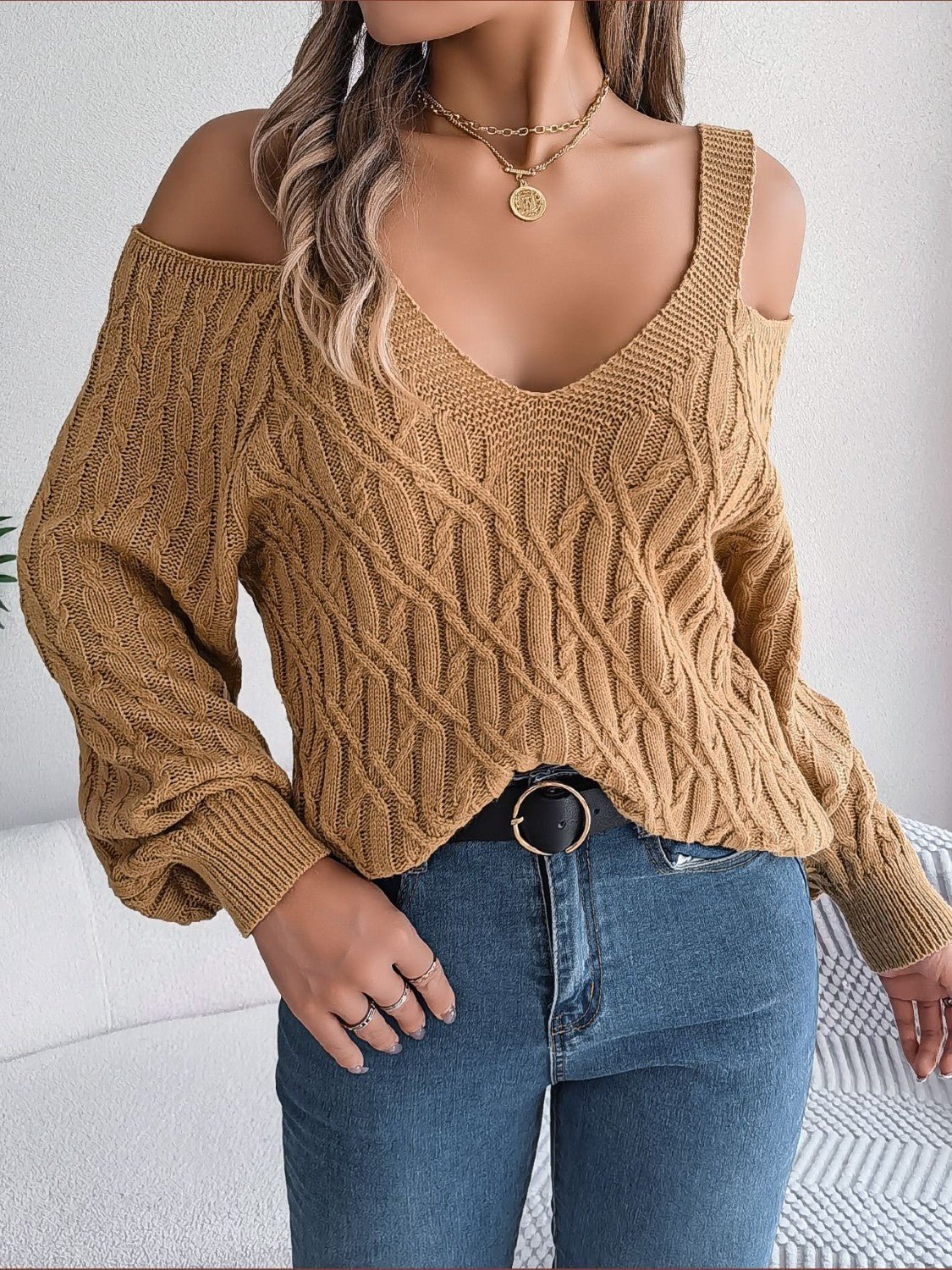 Cable - Knit Cold Shoulder Long Sleeve Sweater - Admiresty