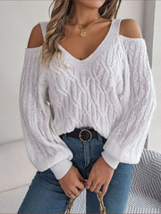 Cable - Knit Cold Shoulder Long Sleeve Sweater - Admiresty