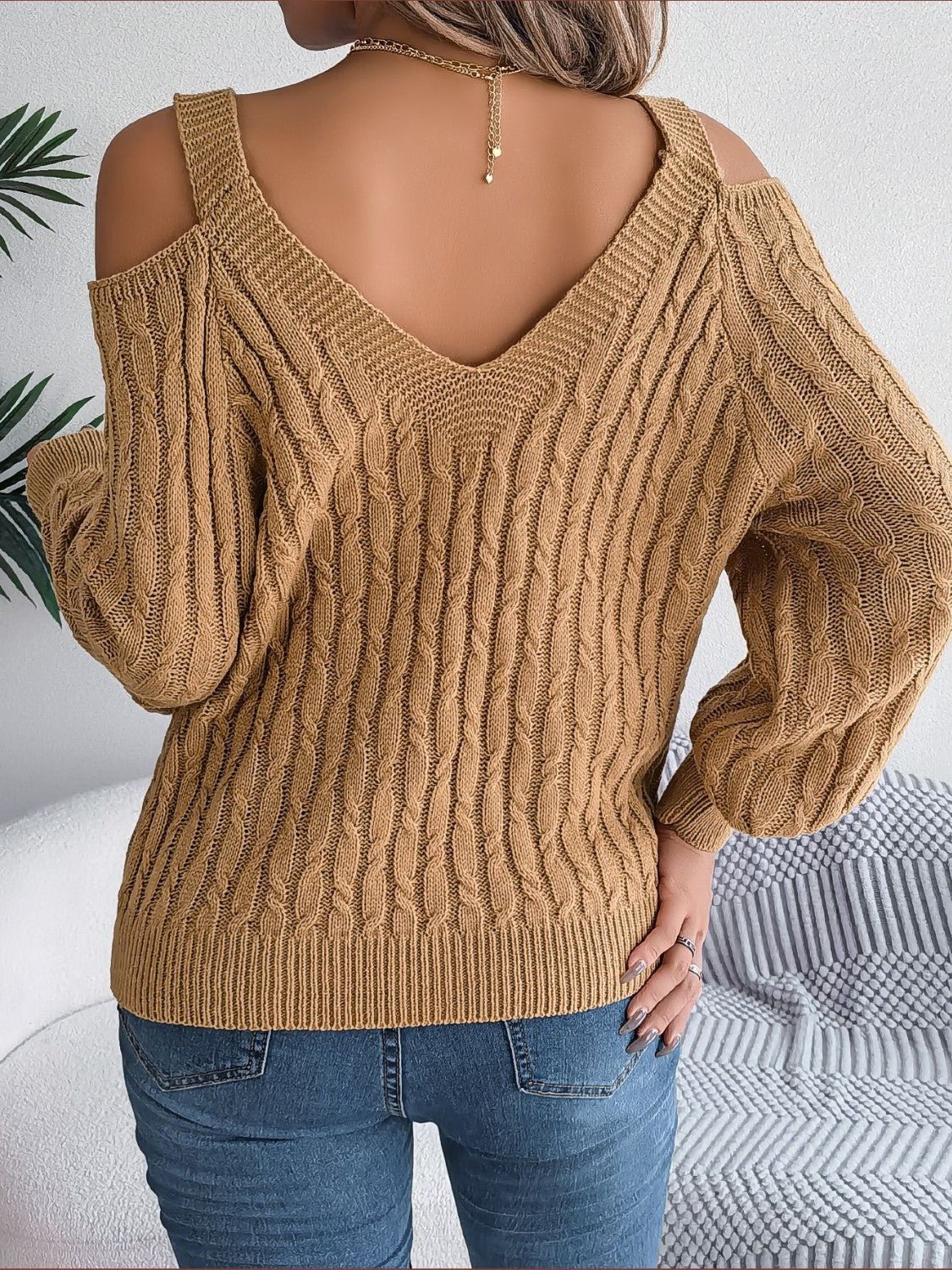 Cable - Knit Cold Shoulder Long Sleeve Sweater - Admiresty