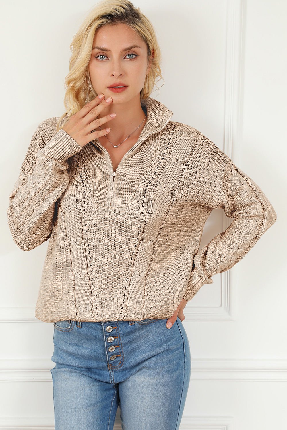 Cable - Knit Half Zip Long Sleeve Sweater - Admiresty