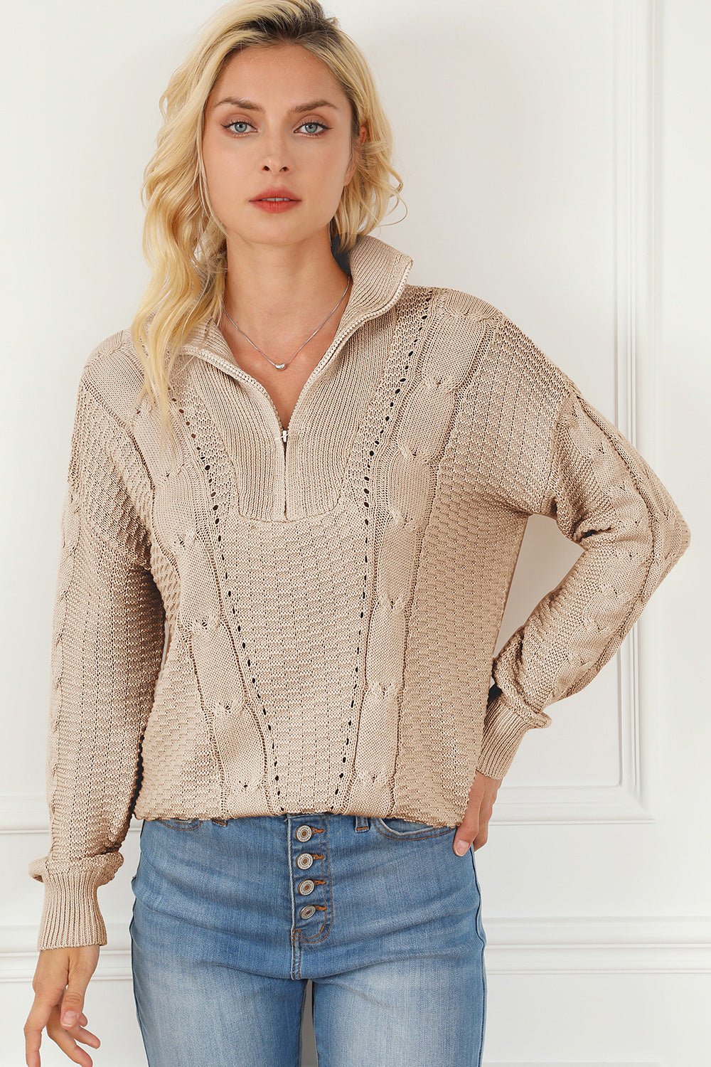 Cable - Knit Half Zip Long Sleeve Sweater - Admiresty