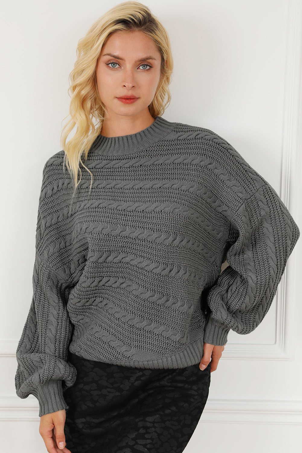 Cable - Knit Mock Neck Dropped Shoulder Sweater - Admiresty