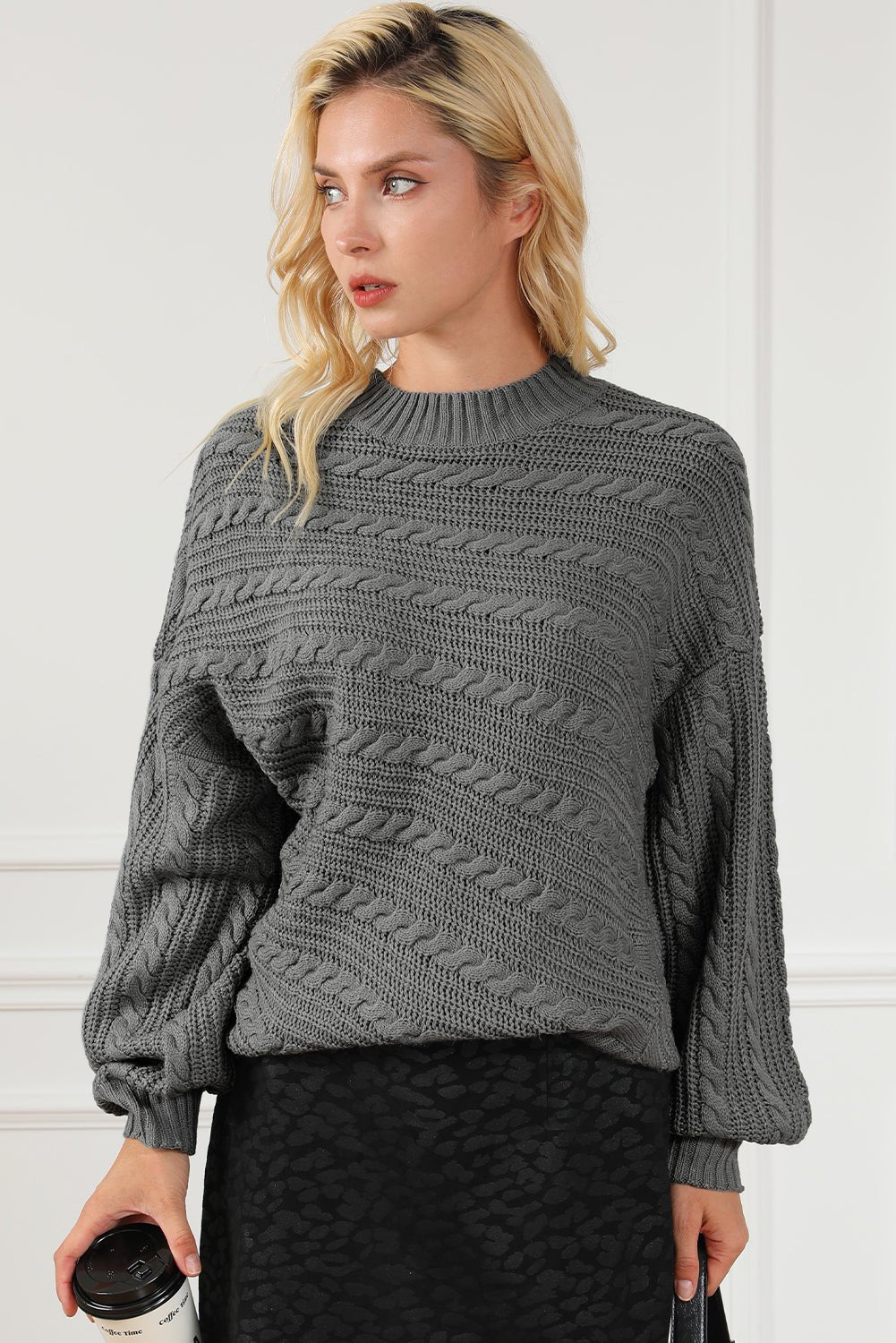 Cable - Knit Mock Neck Dropped Shoulder Sweater - Admiresty