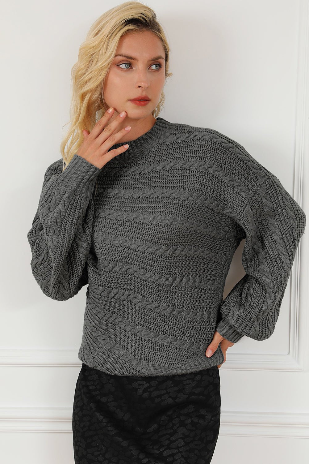 Cable - Knit Mock Neck Dropped Shoulder Sweater - Admiresty