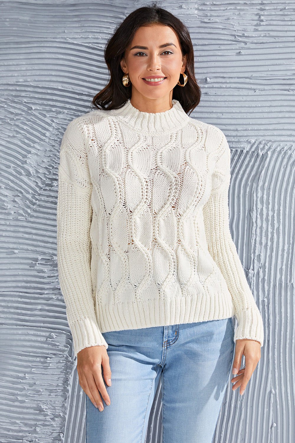 Cable - Knit Mock Neck Long Sleeve Sweater - Admiresty