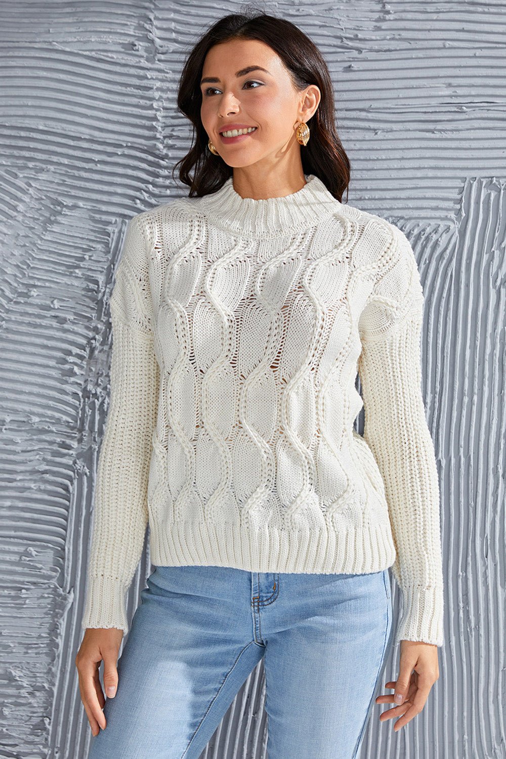 Cable - Knit Mock Neck Long Sleeve Sweater - Admiresty