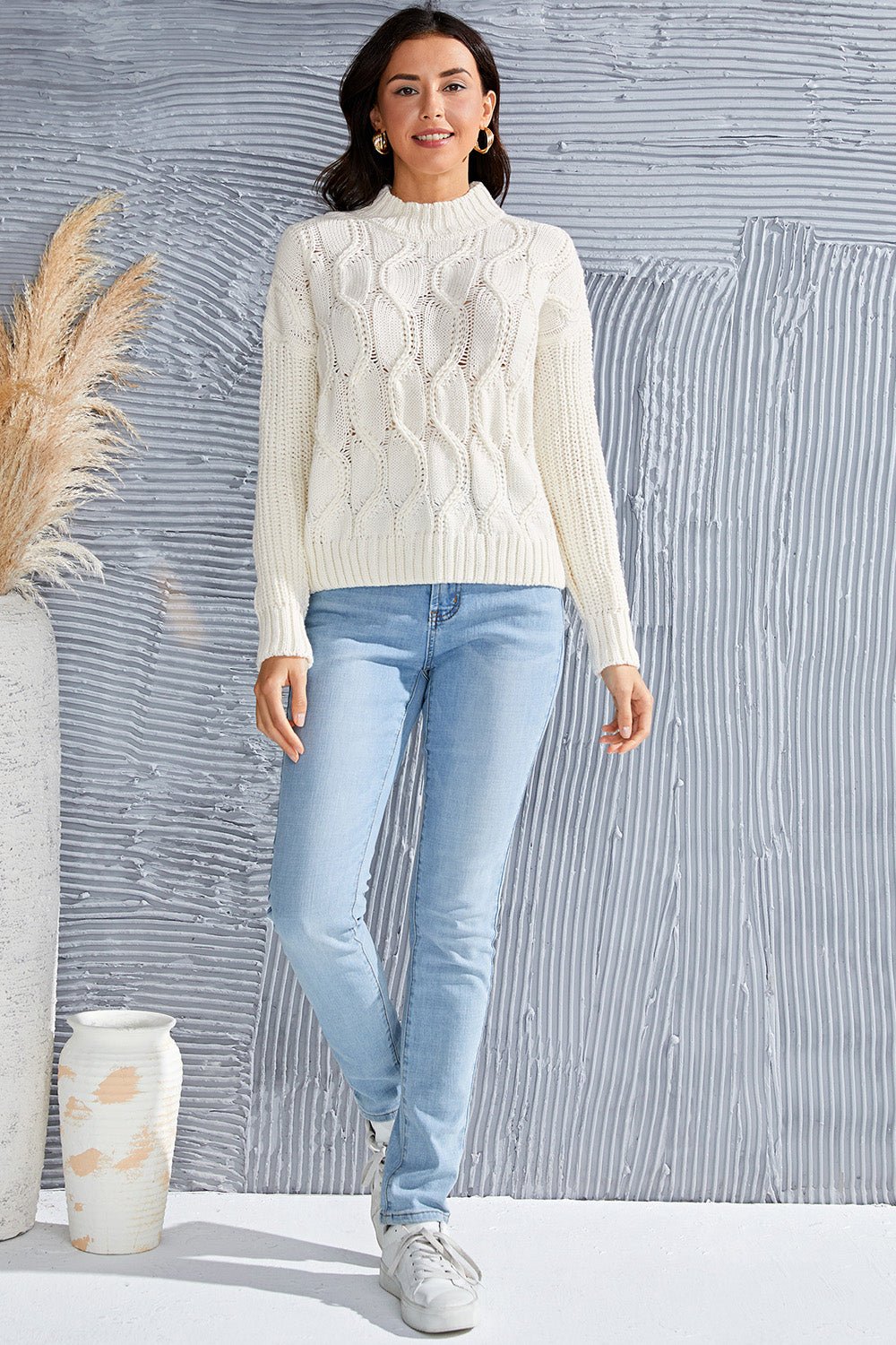 Cable - Knit Mock Neck Long Sleeve Sweater - Admiresty