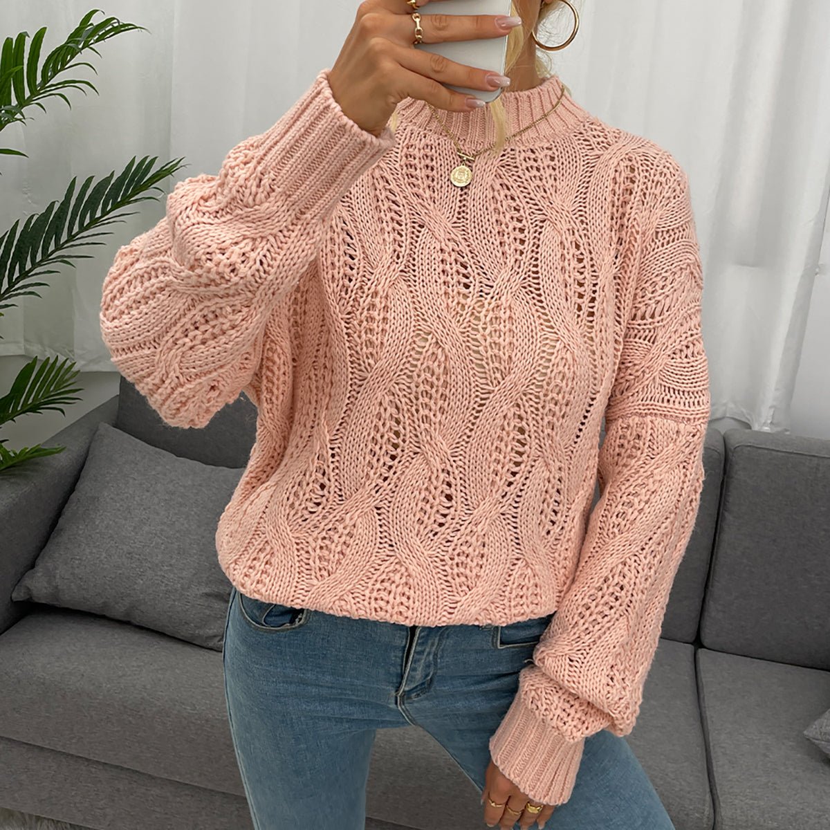 Cable - Knit Mock Neck Long Sleeve Sweater - Admiresty