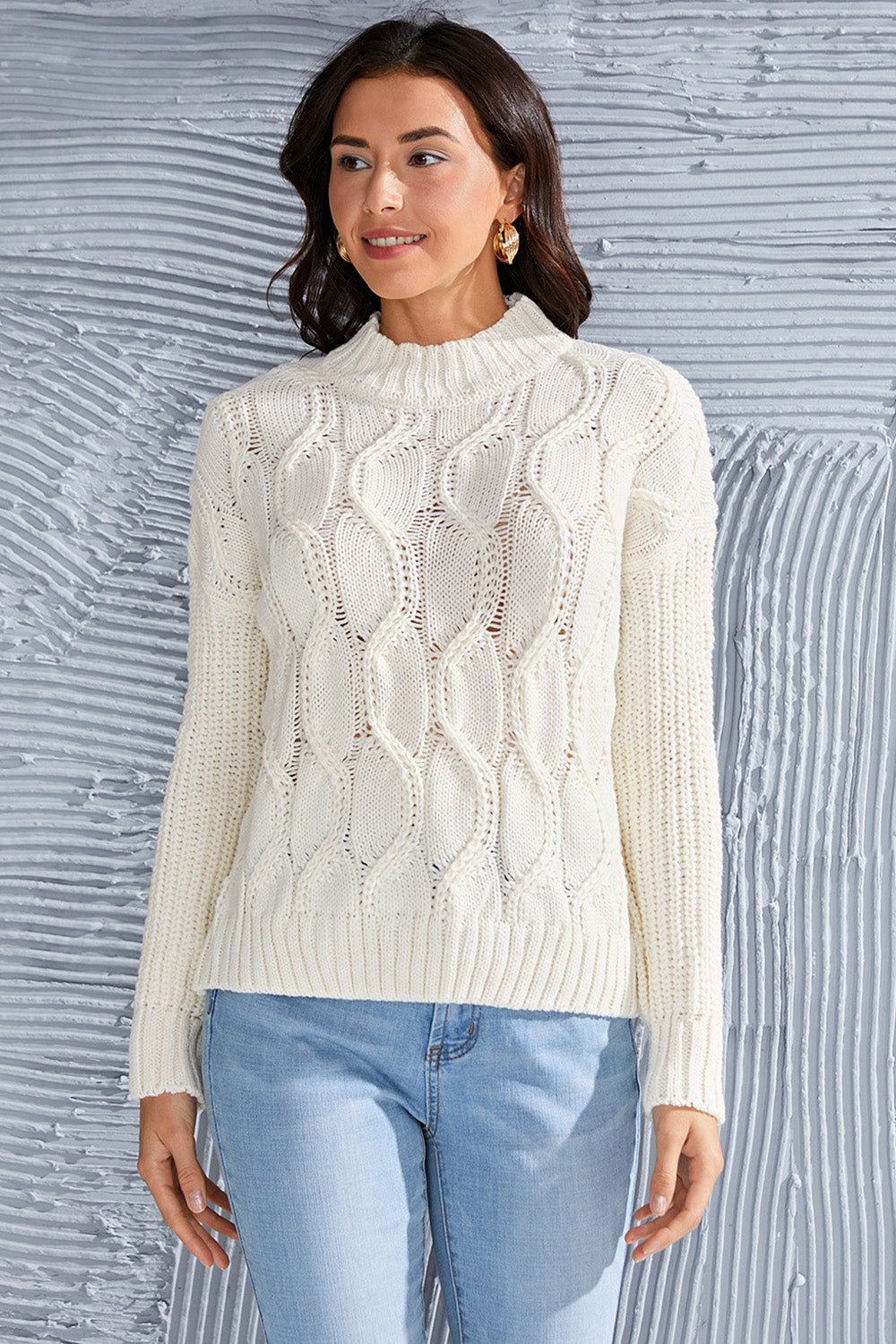 Cable - Knit Mock Neck Long Sleeve Sweater - Admiresty