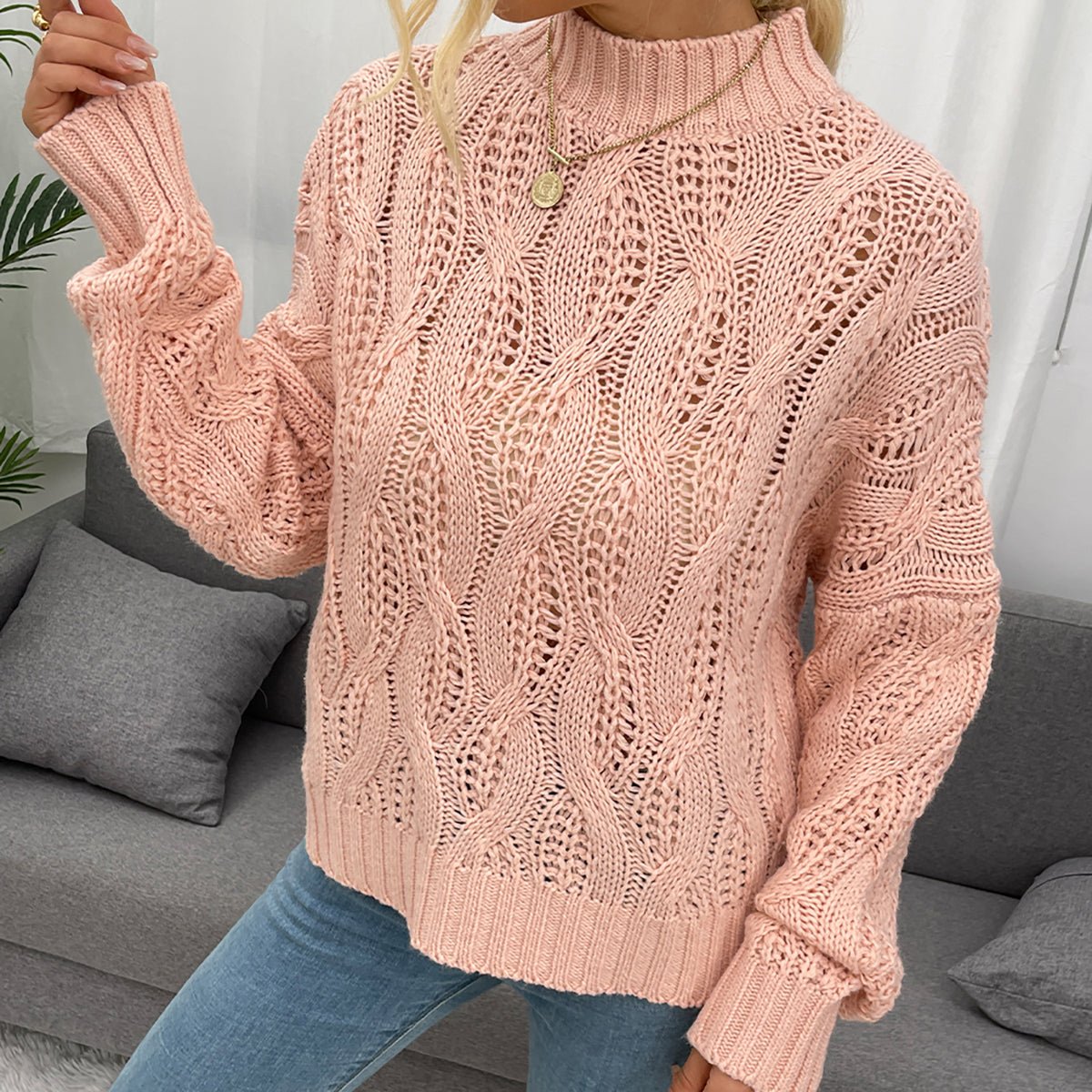 Cable - Knit Mock Neck Long Sleeve Sweater - Admiresty