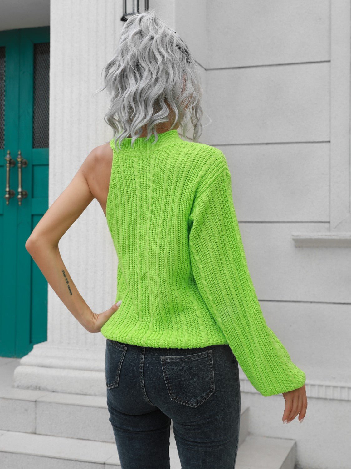 Cable - Knit Round Neck Asymmetrical Sweater - Admiresty