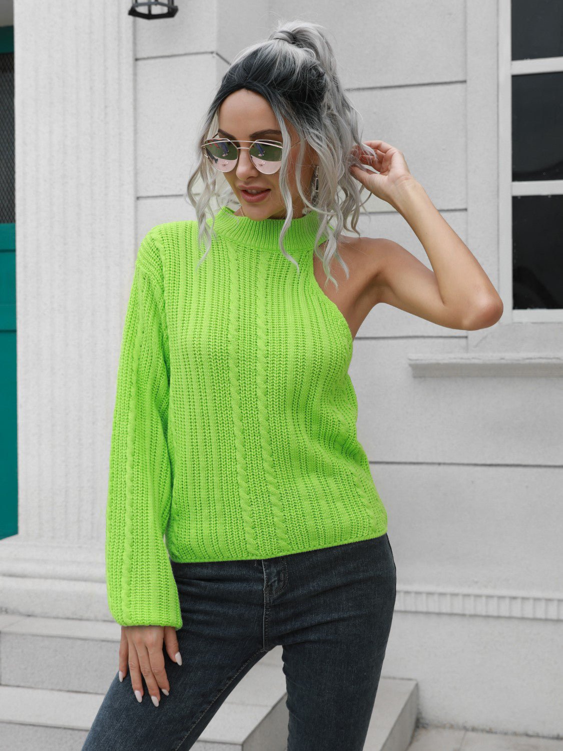 Cable - Knit Round Neck Asymmetrical Sweater - Admiresty