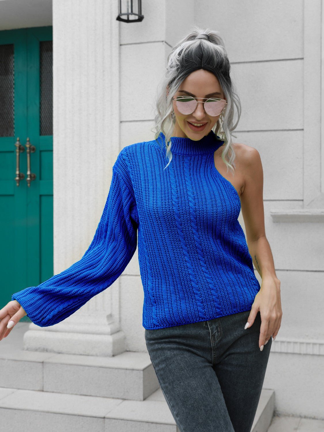 Cable - Knit Round Neck Asymmetrical Sweater - Admiresty