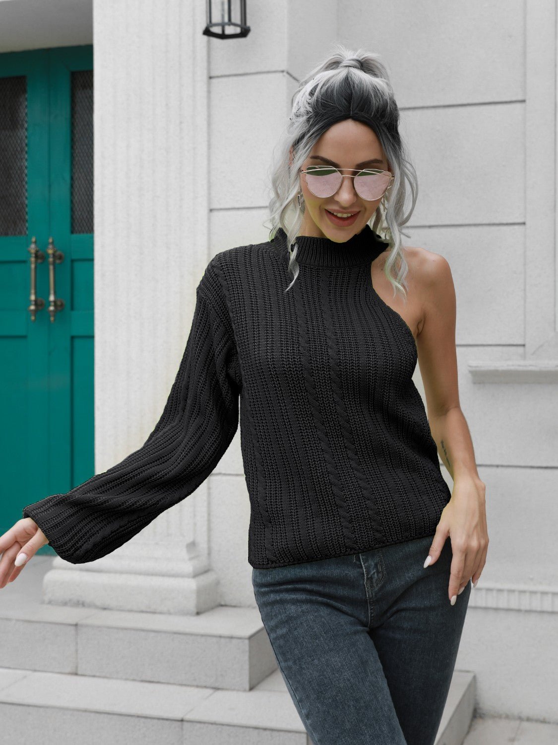 Cable - Knit Round Neck Asymmetrical Sweater - Admiresty