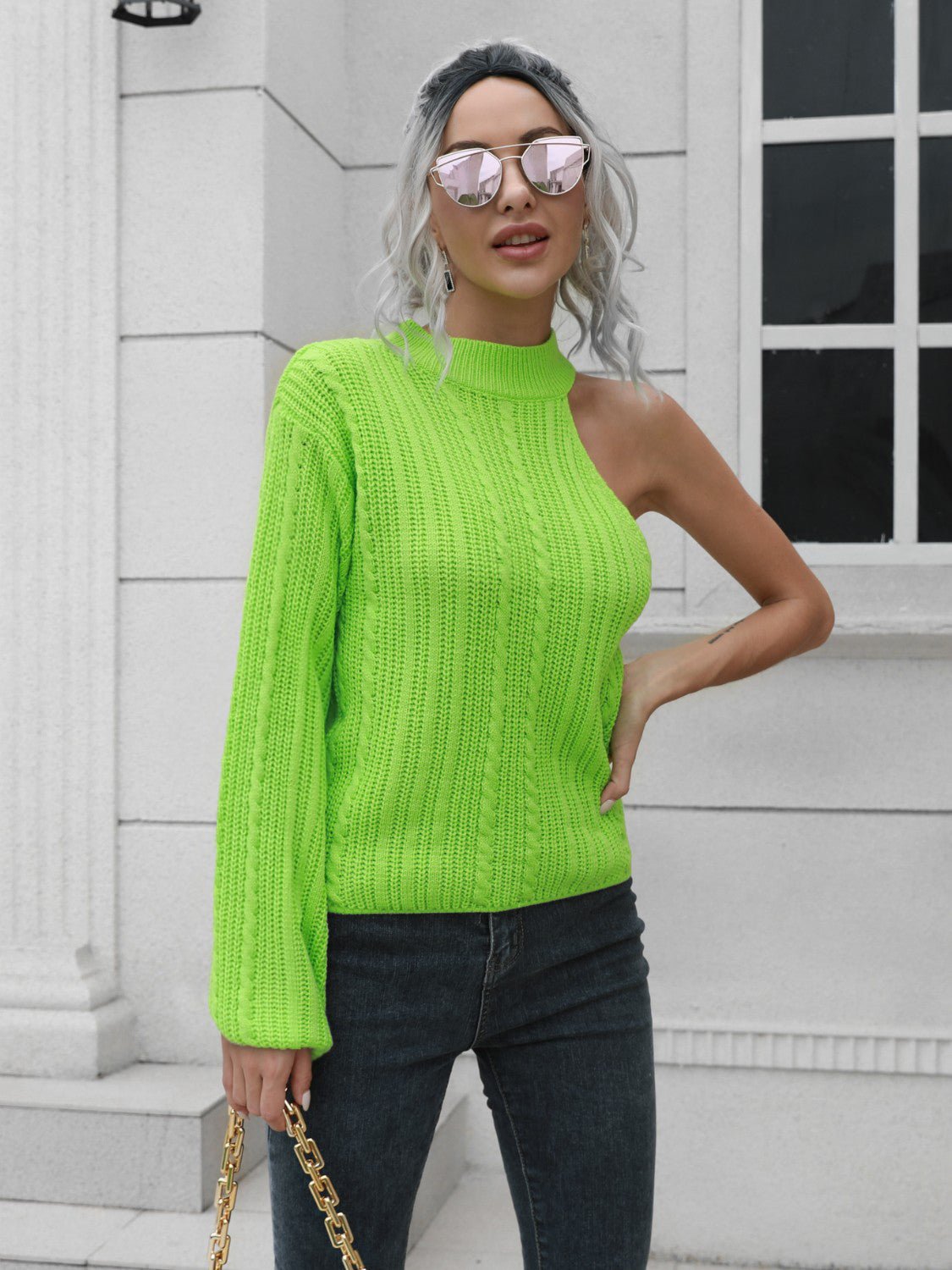 Cable - Knit Round Neck Asymmetrical Sweater - Admiresty