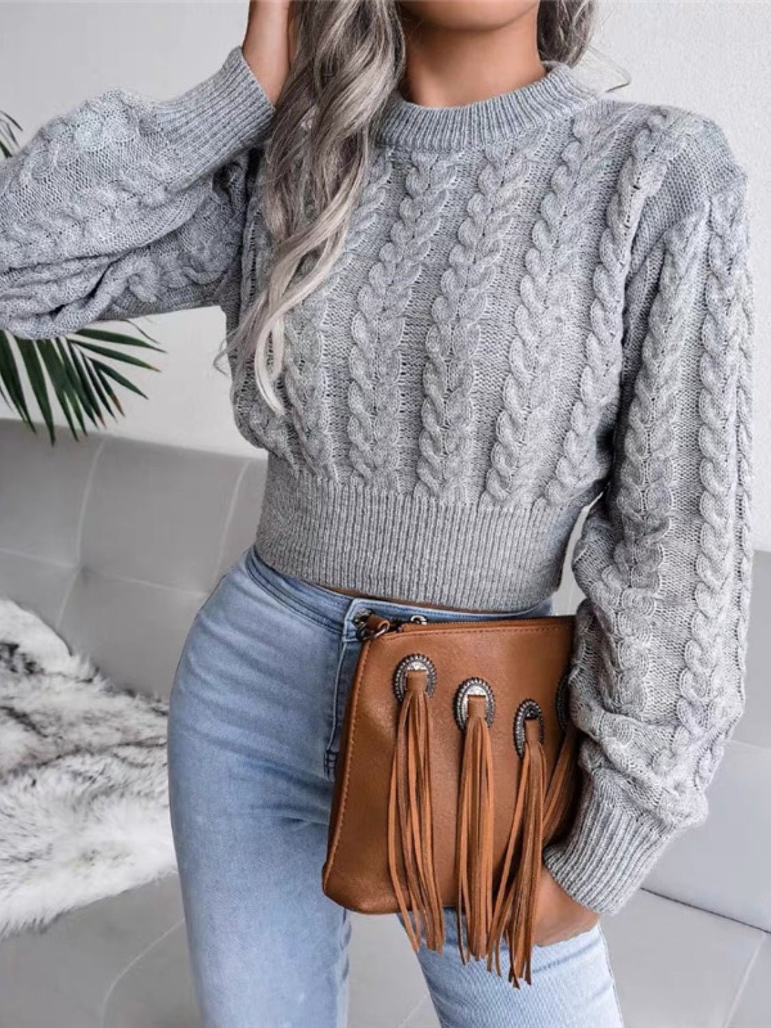 Cable - Knit Round Neck Cropped Sweater - Admiresty