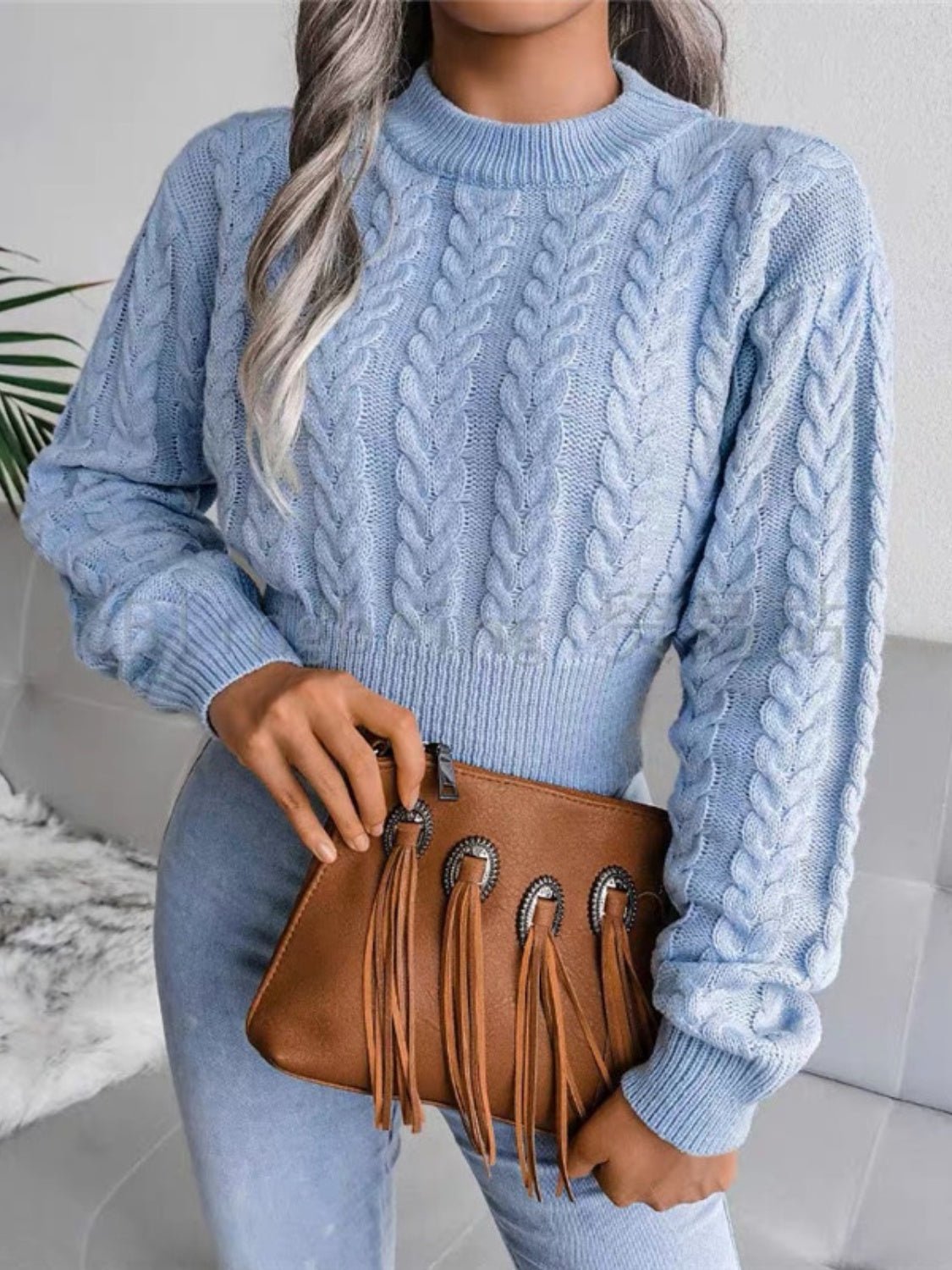 Cable - Knit Round Neck Cropped Sweater - Admiresty