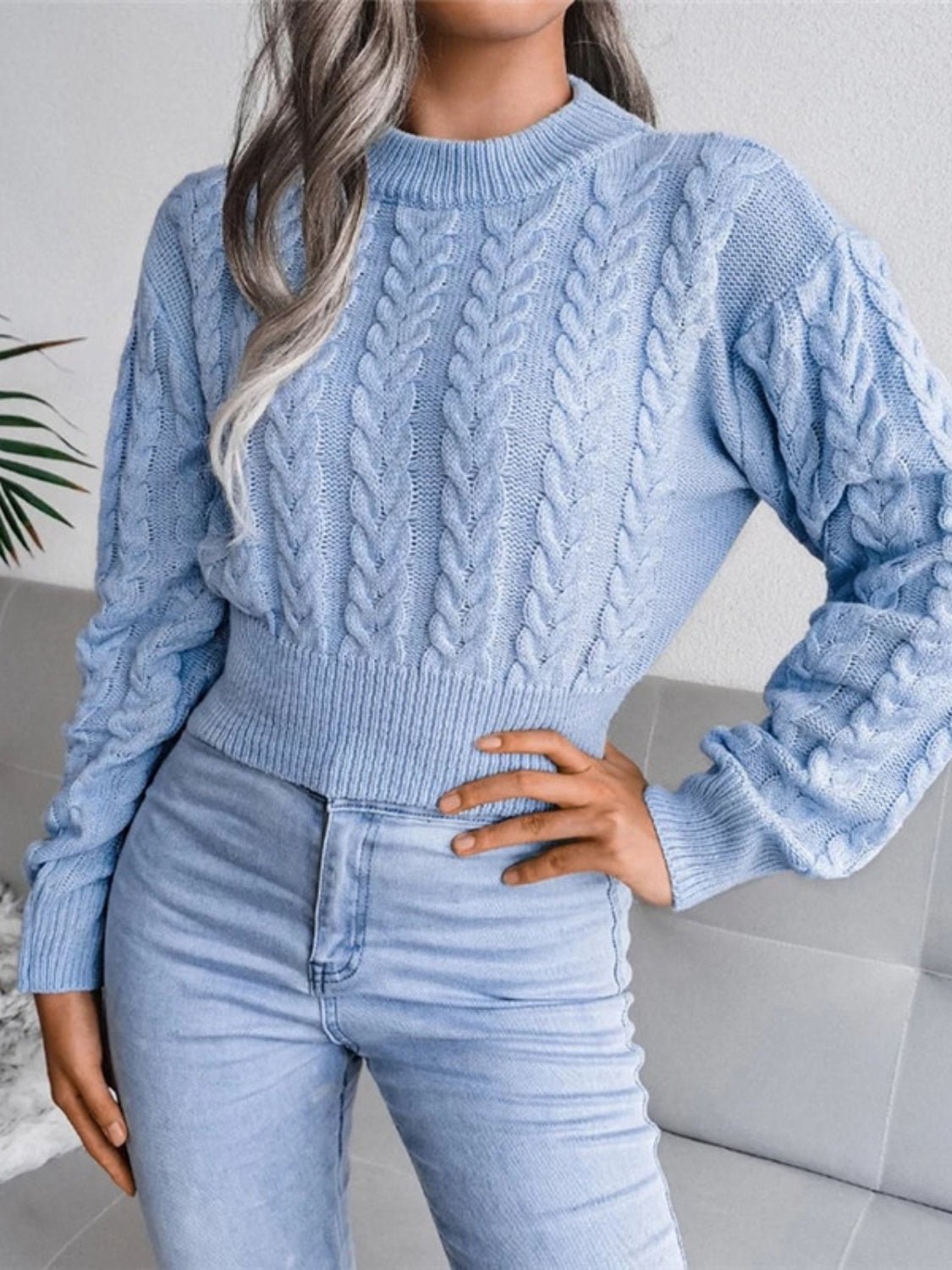 Cable - Knit Round Neck Cropped Sweater - Admiresty