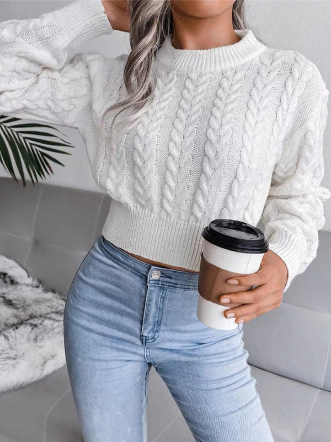 Cable - Knit Round Neck Cropped Sweater - Admiresty