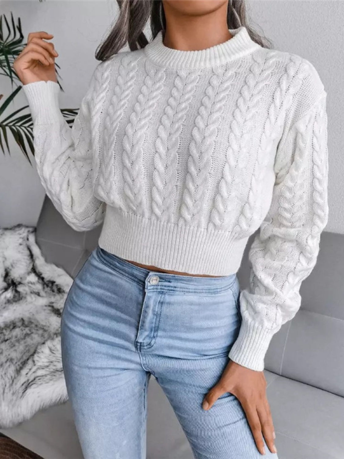 Cable - Knit Round Neck Cropped Sweater - Admiresty