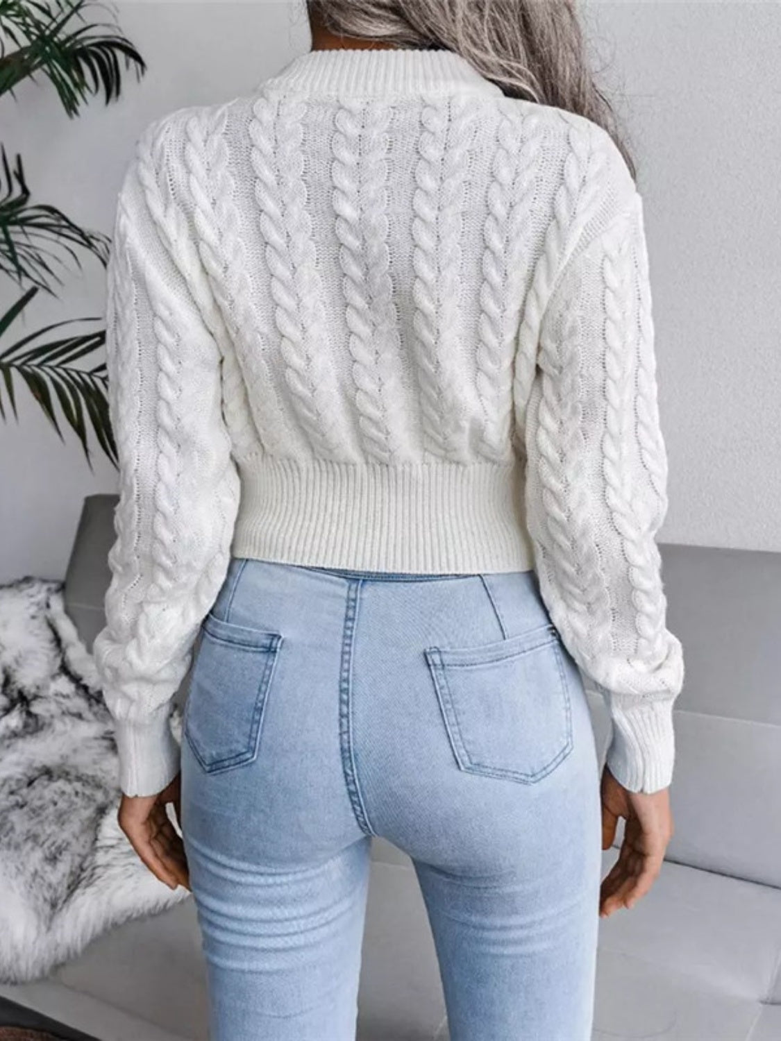 Cable - Knit Round Neck Cropped Sweater - Admiresty