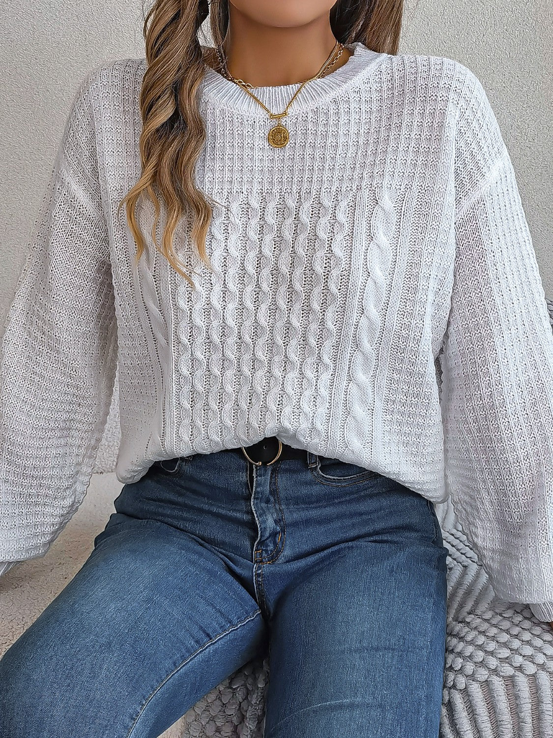 Cable - Knit Round Neck Long Sleeve Sweater - Admiresty