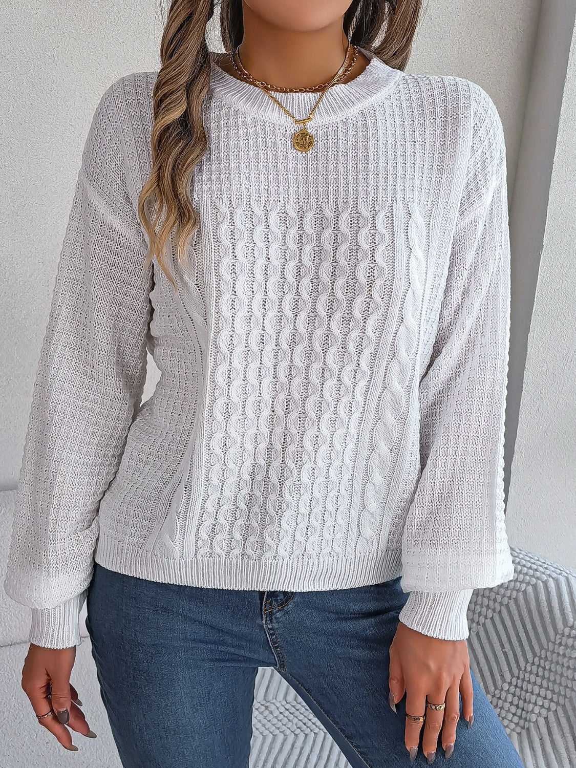 Cable - Knit Round Neck Long Sleeve Sweater - Admiresty