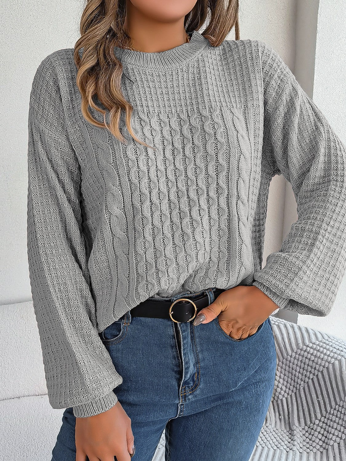 Cable - Knit Round Neck Long Sleeve Sweater - Admiresty