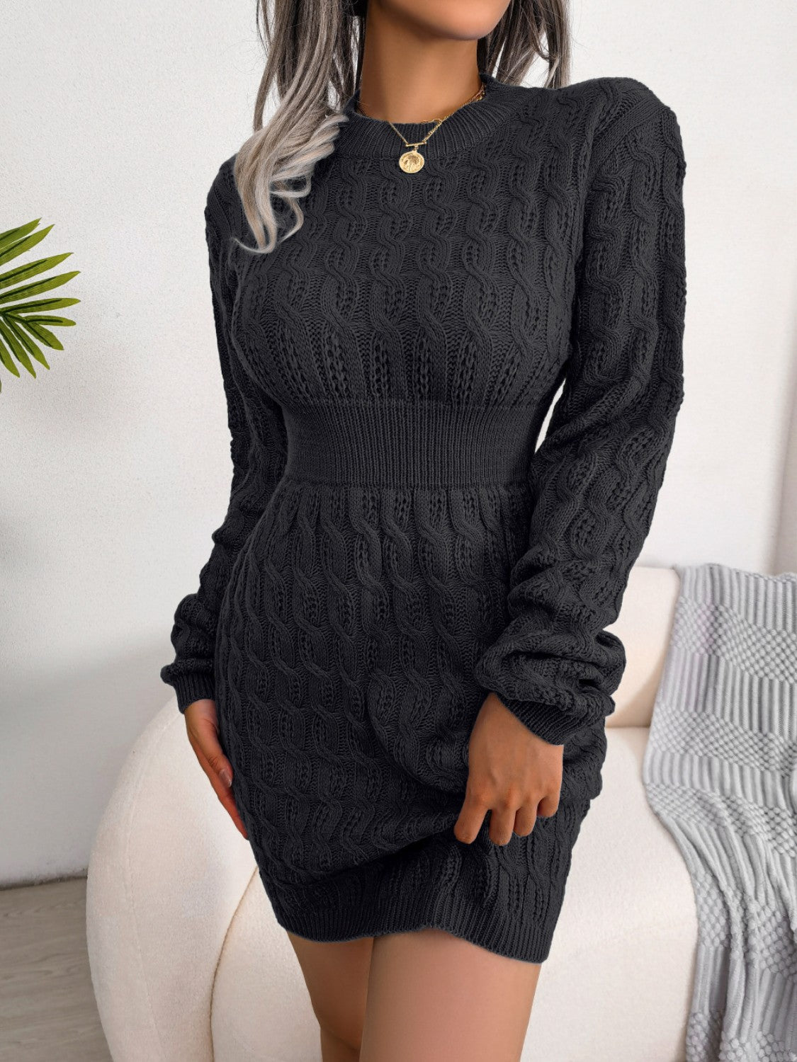 Cable - Knit Round Neck Mini Wrap Sweater Dress - Admiresty