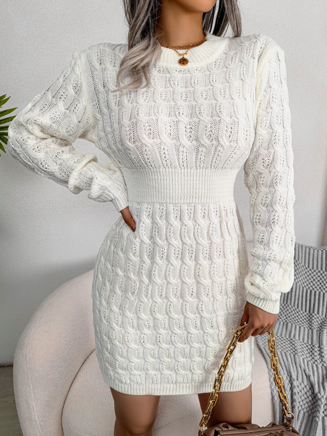 Cable - Knit Round Neck Mini Wrap Sweater Dress - Admiresty