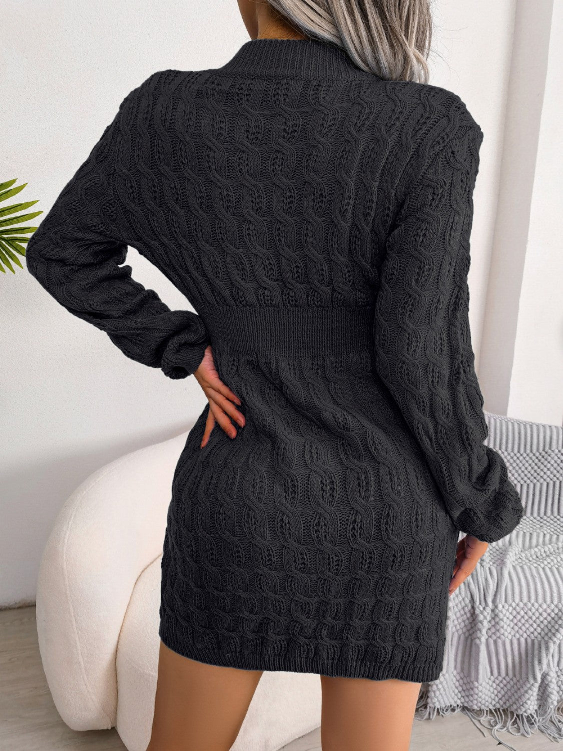 Cable - Knit Round Neck Mini Wrap Sweater Dress - Admiresty