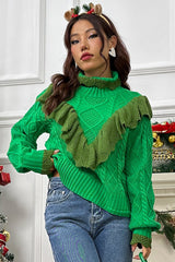 Cable - Knit Ruffled Mock Neck Lantern Sleeve Sweater - Admiresty